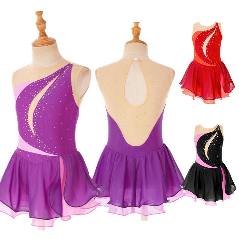 Girls' Figure Skating Dress Sleeveless Glitter Rhinestone Ballet Leotard Dress Competition Costume Gymnastics Suit