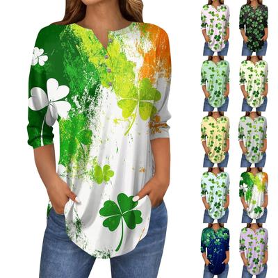 Женские топы с рукавами 3/4, летние футболки с принтом и V-образным вырезом, повседневные базовые футболки, рубашки на пуговицах, туники, топы St. День Патрика