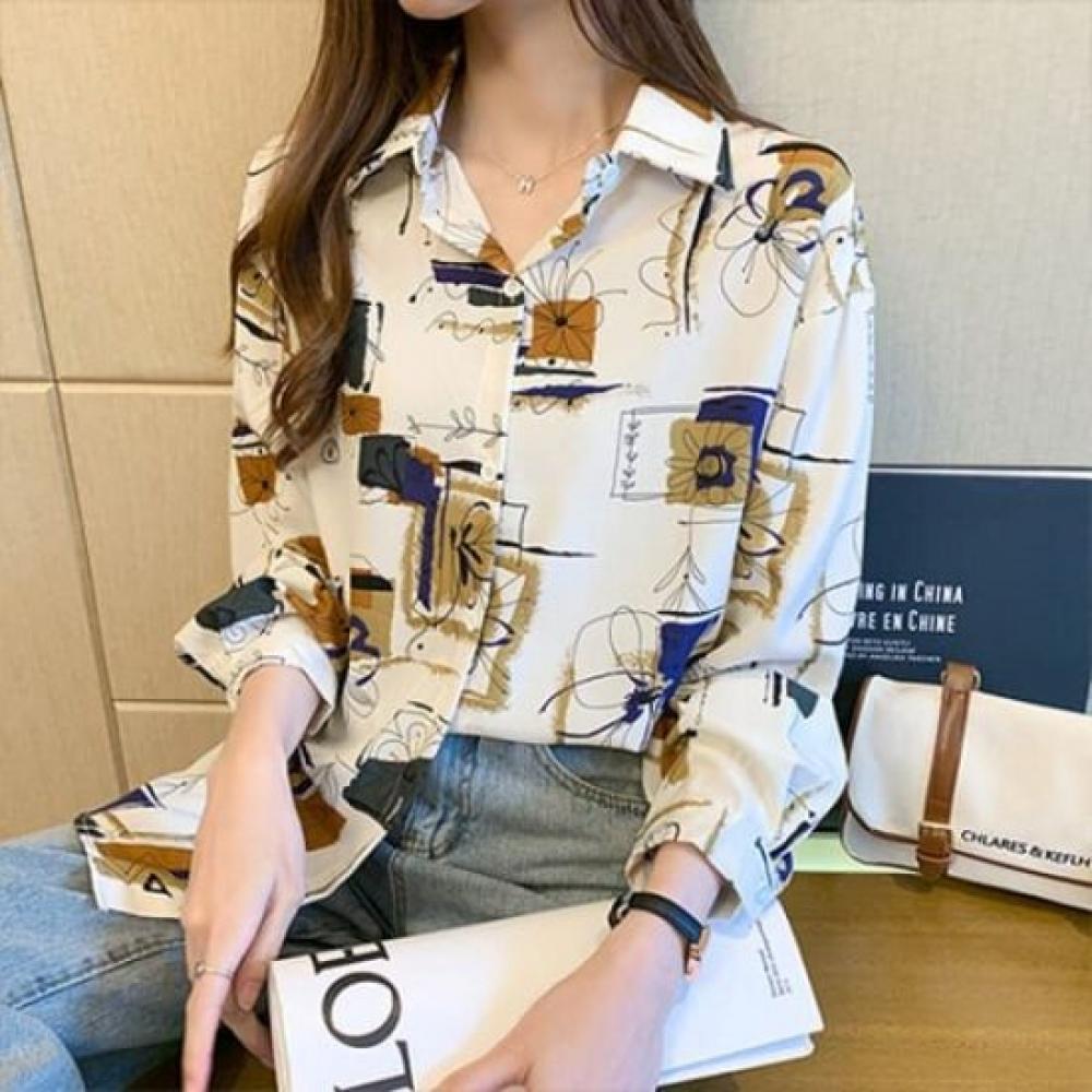 Navava Women Vintage Printing Long Sleeve Shirt Nb3016