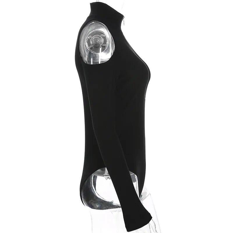 Fashion Ribbed Black Top Tight Off Shoulder Long Sleeve Summer Sexy Zipper Bodysuit Women's Bodysuit