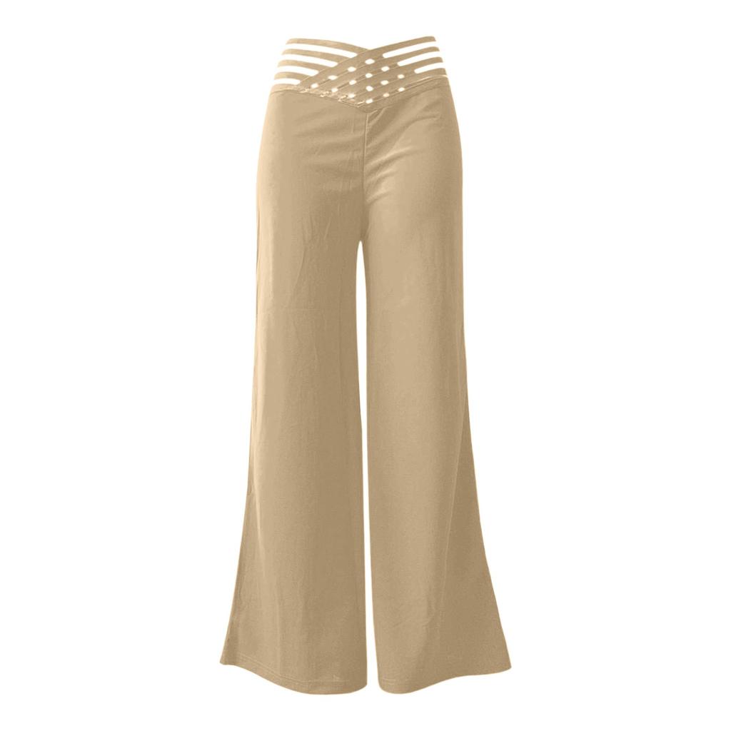 Women's Hollow Belt Trousers Temperament Flared Trousers High Waist Casual Wide Leg Pants