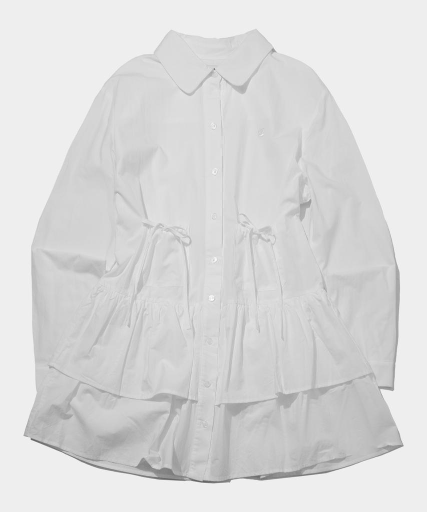 SOME PLACE 2-Tier Frill Strap Pocket Ribbon Point Round Collar Tiered Layered Midi Shirt Dress [White]