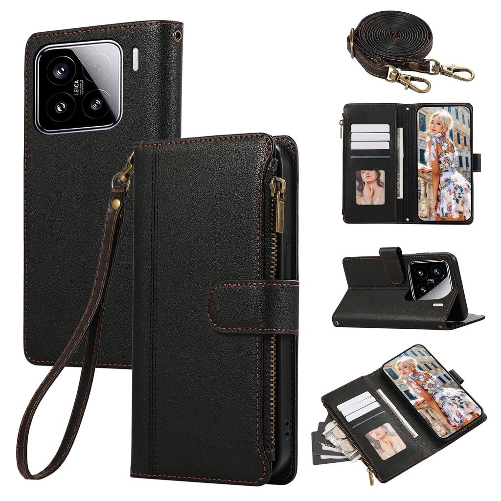 For Xiaomi 15 Case Multi Card Slots Zipper Leather Phone Cover with Shoulder Strap/Wrist Strap