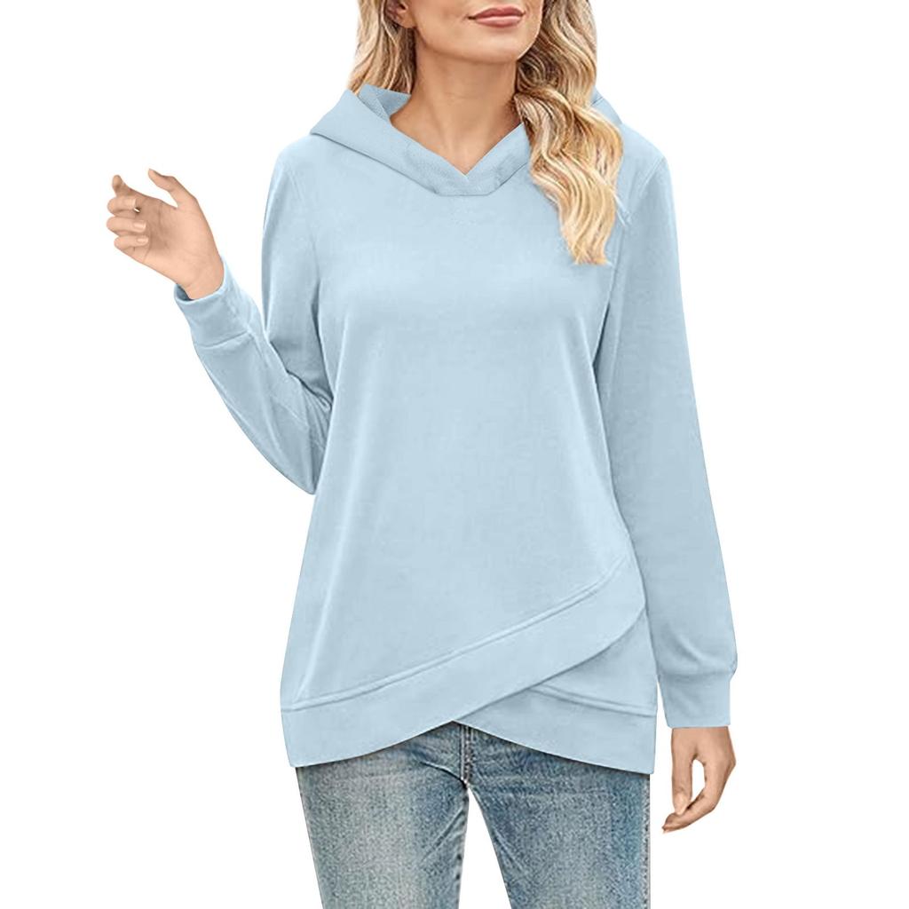 Women's  Fashion Solid Color Hoodie Long Sleeved  Cross Hem Sweatshirt  Top