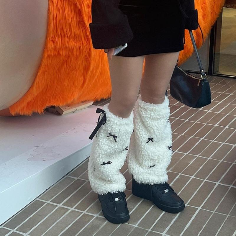 Bow Furs Leg Warmer Winter Furry Long Boot Cuffs Fuzzy Shoe Cover Party Costume for Holiday Festival Performances Play