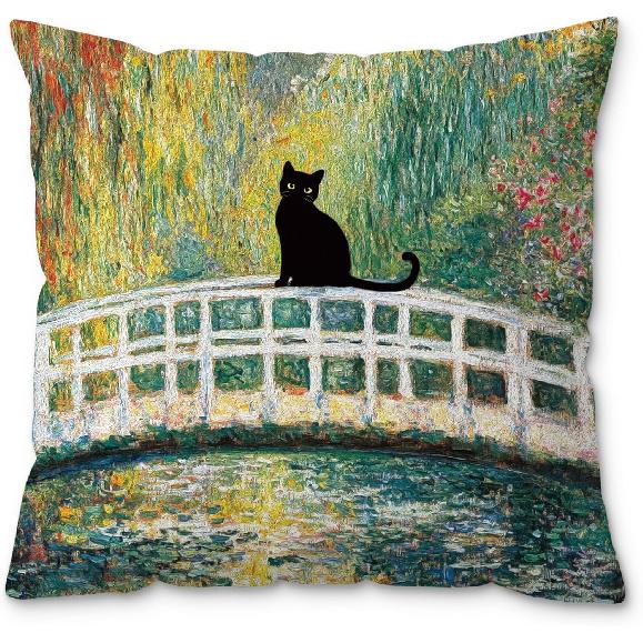 Boho Abstract Floral Black Cat Pillow Covers 18x18, Black Cat Gifts for Women, Cats Mom Lady Grandma Gifts, Whimsical Wildflower Kitten Decorative