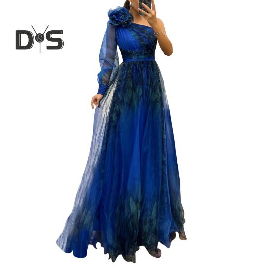 Женское вечернее платье с 3D-цветочным декором на одно плечо, плиссированное, сетчатое, банкетное платье, одно плечо, длинный рукав, тонкая талия, А-силуэт, длина до пола, разрез, подол, шар