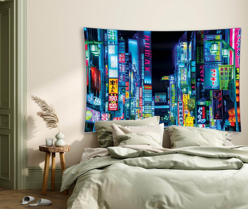 Japan Tokyo Night Lights Tapestry Urban Cityscape Wall Art Neon Glow Decor for Bedroom Living Room Display