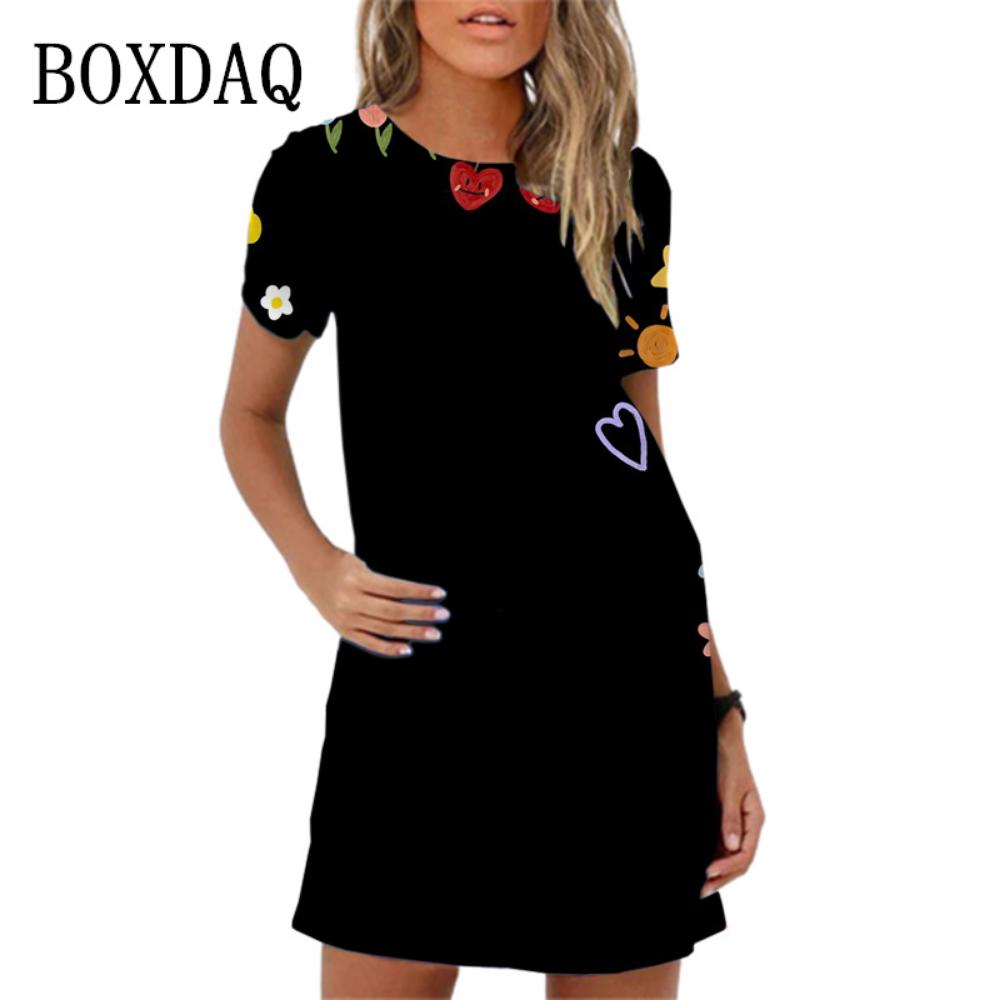 2026 New 3d Colorful Planet Printing Mini Dress Women Summer Short-sleeved Casual Fashion Elegant Round Neck Dress