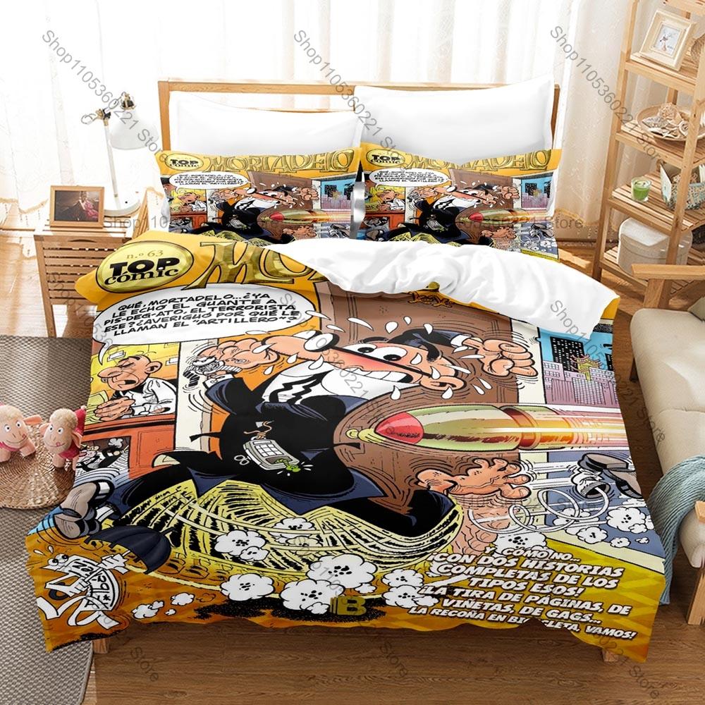 3 In 1 Mortadelo Themed Bedding, Duvet Cover + Two Pillowcases, Retro Comic Art Print Soft Fabric Gift
