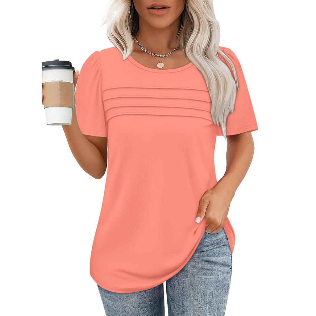 Fashion Tops Pleated Round Neck Short Sleeve T-Shirt