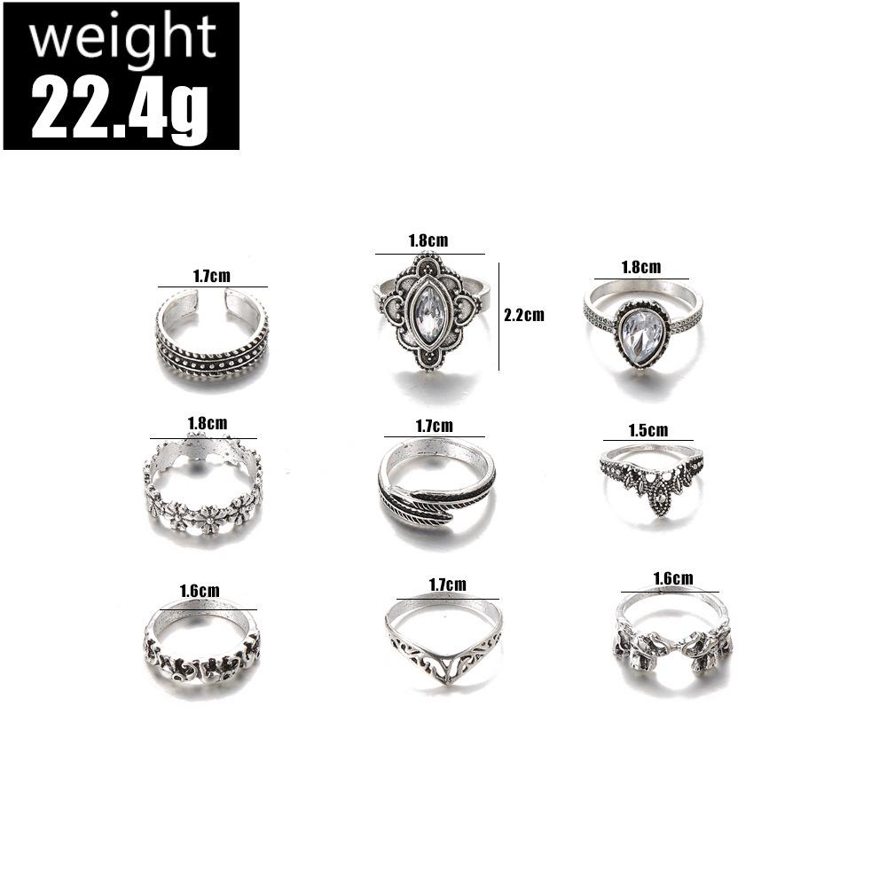Винтажный набор открытых колец с цветочным узором из страз и перьев - 9 штук