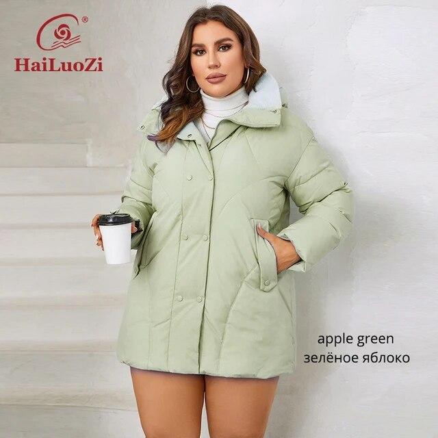 HaiLuoZi 2023 Новая женская зимняя куртка больших размеров с меховым капюшоном, толстая женская верхняя одежда с наклонным карманом, высококачественное женское пальто 1167