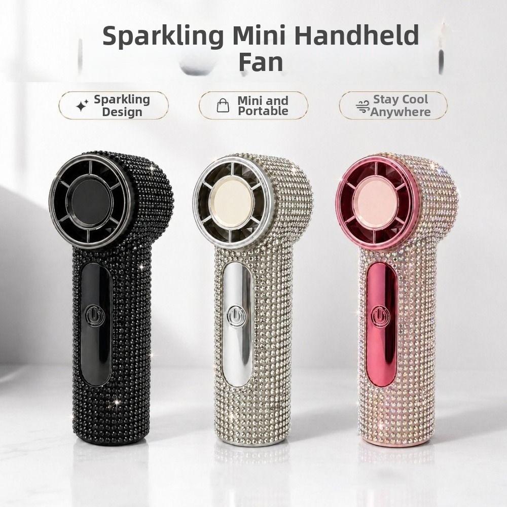 Sparkling Rhinestone Handheld Fan Digital Display Portable Hand Fan Mini Cooling Fan Office