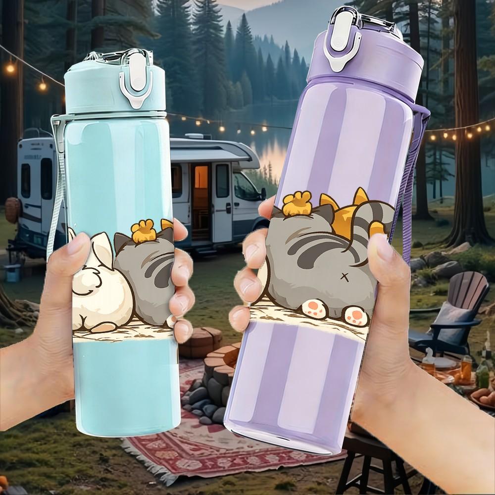 1PC Rabbit Family Sleepy Cartoon Print 750ml Color Plastic Sports Water Bottle Leakproof Flip Straw Lid Suitable for Sports Office Home Use