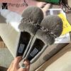 Fashion Plus Size 42/43 Fur Shoes Woman AB Crystal Flats Real Rabbit Hair Furry Moccasins Lady Plush Loafers Pregnant Women Shoes Winter