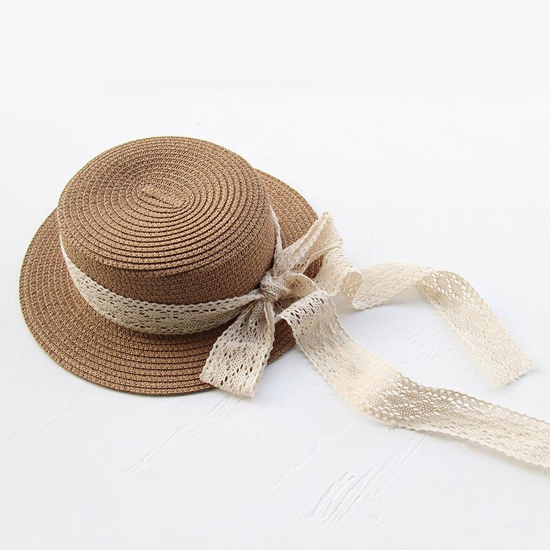 Children's straw hat lace with flat top straw hat Girls' sun hat Summer small fresh temperament Women's straw hat parent-child