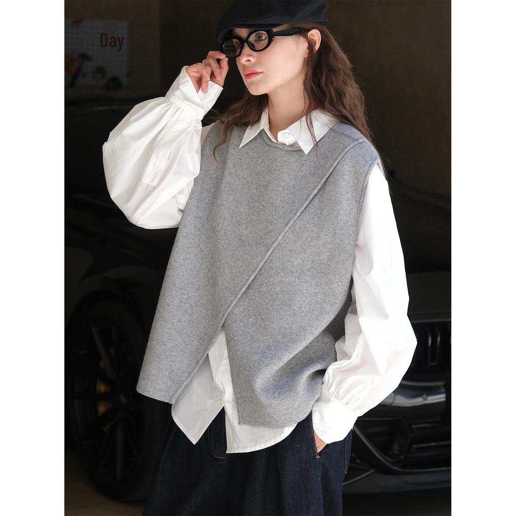 Louvre Autumn Korean Style Irregular Slit Vest for Women - Slim Layered Loose Fit Top