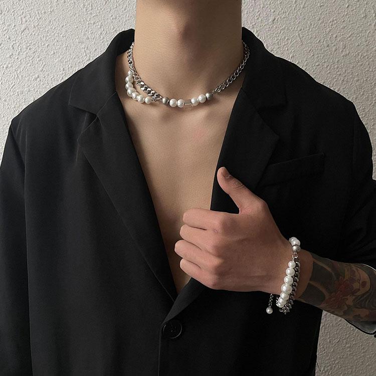 2026 Fashion Trending New Minimalist Men's Pearl Chain Bracelet Necklace Set