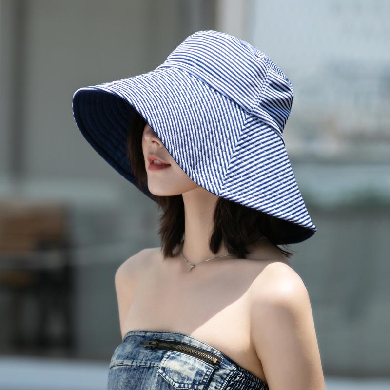 Korean Striped Double-side Bucket Hat For Women Wide Brim Anti-UV Sun Protection Panama Cap Outdoor Beach Travel Fishmen Caps