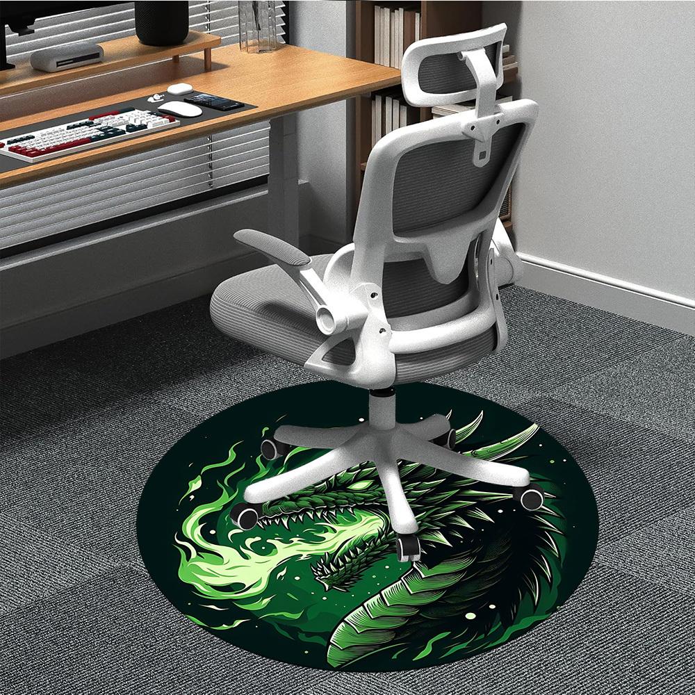 1pc Green Dragon Illustration Carpet, Round Non Slip Durable Large Size Office Carpet, Suitable for Office