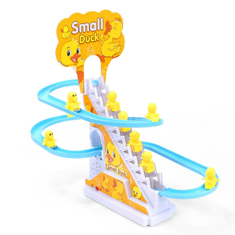 Little Yellow Duck Climb Stairs Toy Electric Track Slide Stairs Roller Coaster Toy With Led Lights