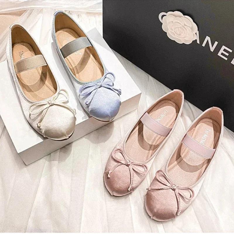 Женские туфли Мэри Джейн, женские туфли больших размеров с круглым носком, шелковые атласные балетки с бантом, весенне-осенние туфли на плоской подошве, Zapatos De Mujer