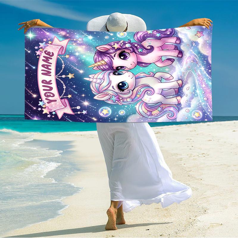 1PC Custom Name Unicorns Starry Sky Beach Towel Highly Absorbent And Sand-Resistant Towel for Swimming, Pool, Yoga, And Travel Lightweight