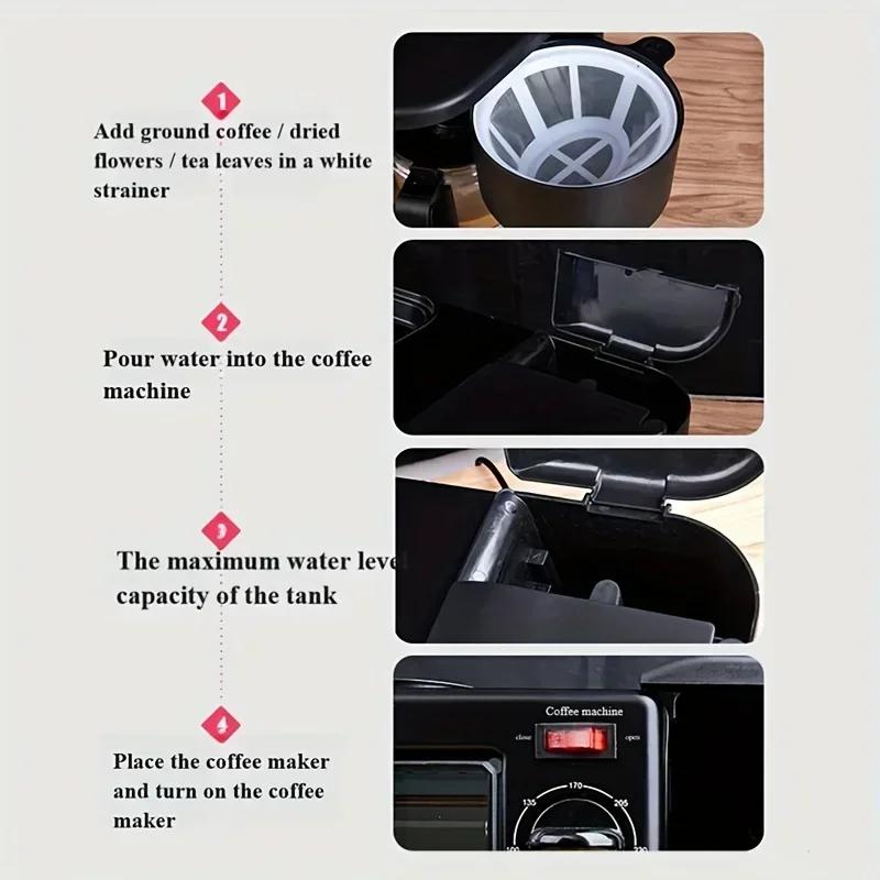 3-в-1 Завтрак Maker Домашняя мини электрическая печь хлебопечка, 600 мл капельная кофемашина, антипригарная сковорода, может жарить стейк на гриле