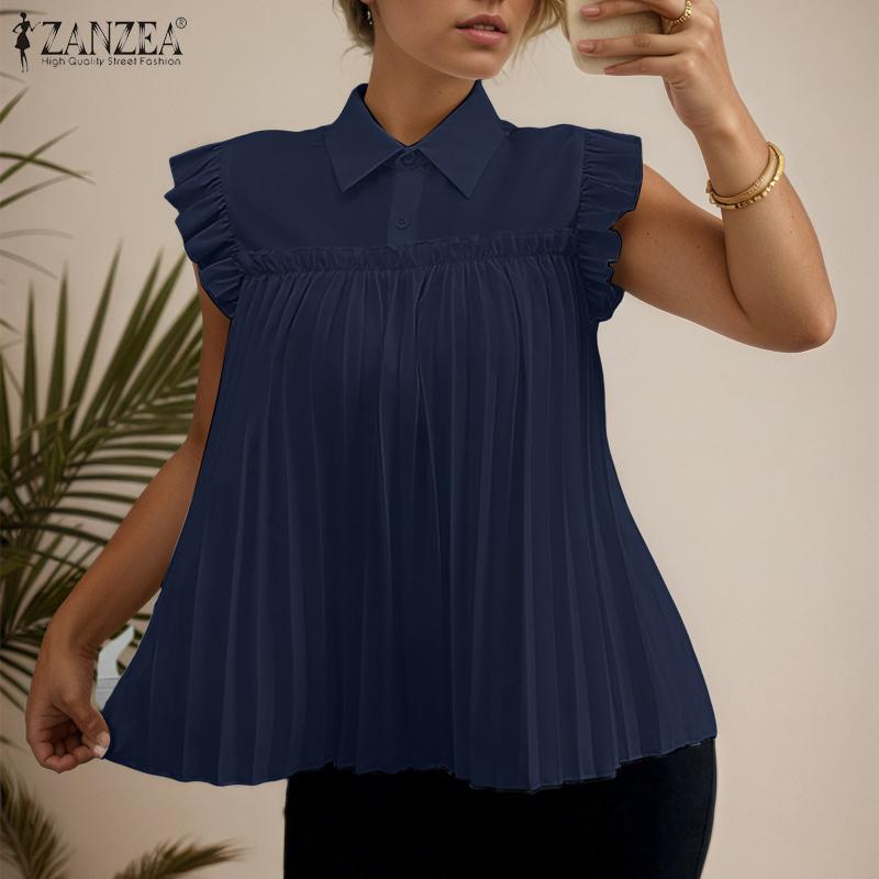 ZANZEA Women Casual Turn Down Collar Loose Summer Sleeveless Blouse