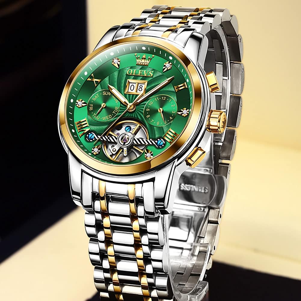 Часы OLEVS Cool Popular Green Automatic Date Mechanical Hand Watch Водонепроницаемые Светящиеся Механические Зеленые Золотые Мужские и