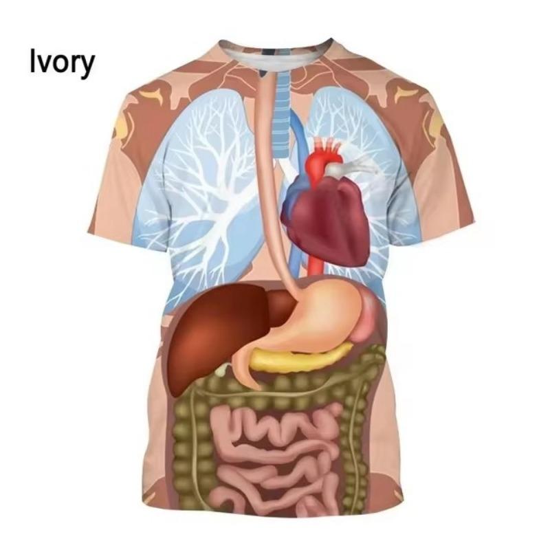 Fashion New Printing Human Organs and Bones Men's T-shirt Casual Short Sleeved Round Neck Harajuku Large Comfortable