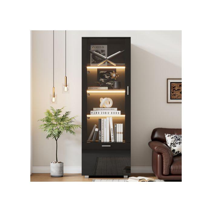 Vitrine noire brillante avec porte en verre, vitrine en verre éclairée par LED, (3 étagères)