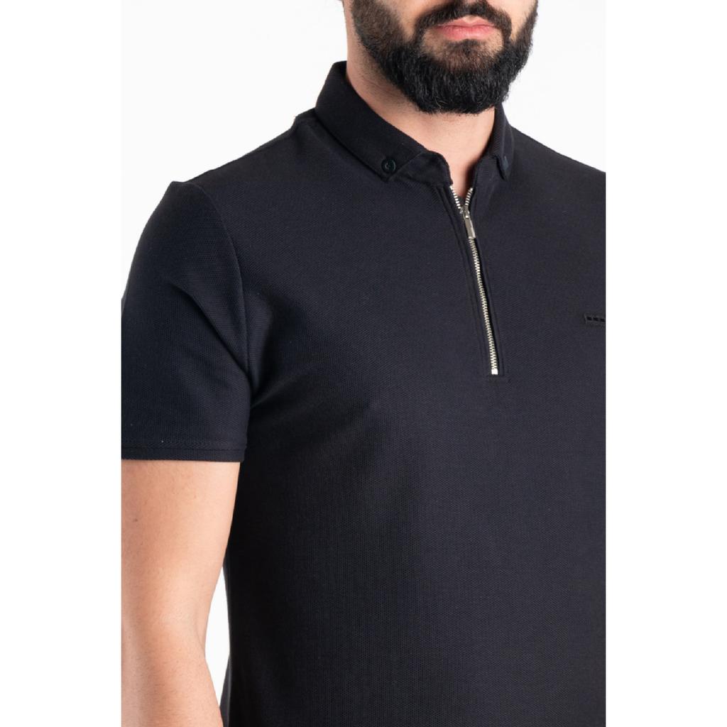 Мужская черная футболка с воротником-поло с молнией и деталями