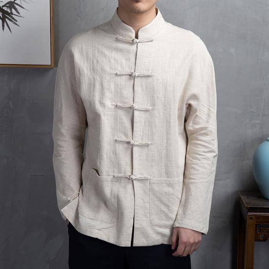 Men Autumn Chinese Style Shirt Top Mandarin Collar Long Sleeve Pockets Disc Button Traditional Kung Fu Tai Chi Shirt Tang Tops Uniform