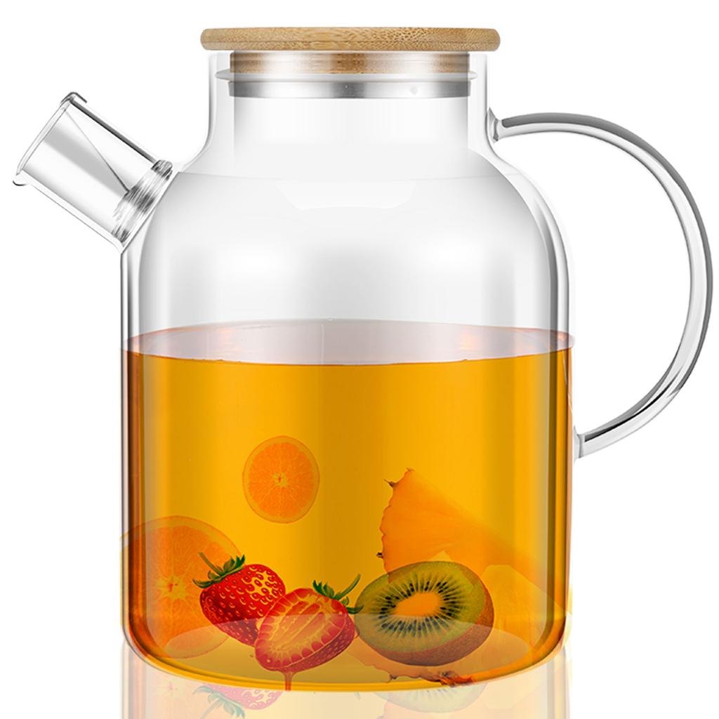 Glass Pitcher with Bamboo Lid 1800ml Glass Water Pitcher Multifunctional Heat Resistant Glass Jug with Handle for Hot Cold Tea