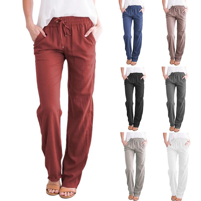 Solid Color Cotton Hemp Drawstring Loose Casual Wide Leg Trousers