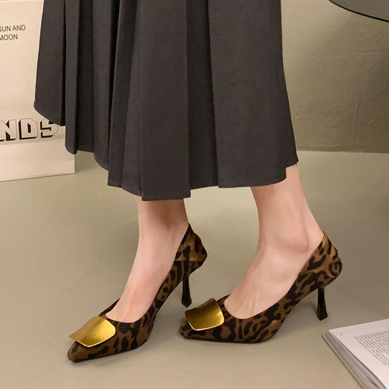 Suede Pointed High Heels Women's Versatile Light Mouth One-pedal Single Shoes Fashion Medium Heel Fine Heel Leopard Print Work Shoes Occupation