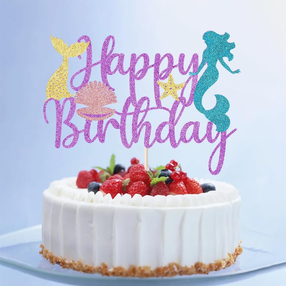 Mermaid Happy Birthday Cake Topper - Glitter Mermaid Under The Sea Theme Cake Topper, Baby Shower Gender Reveal Party, Boys and Girls Birthday Party
