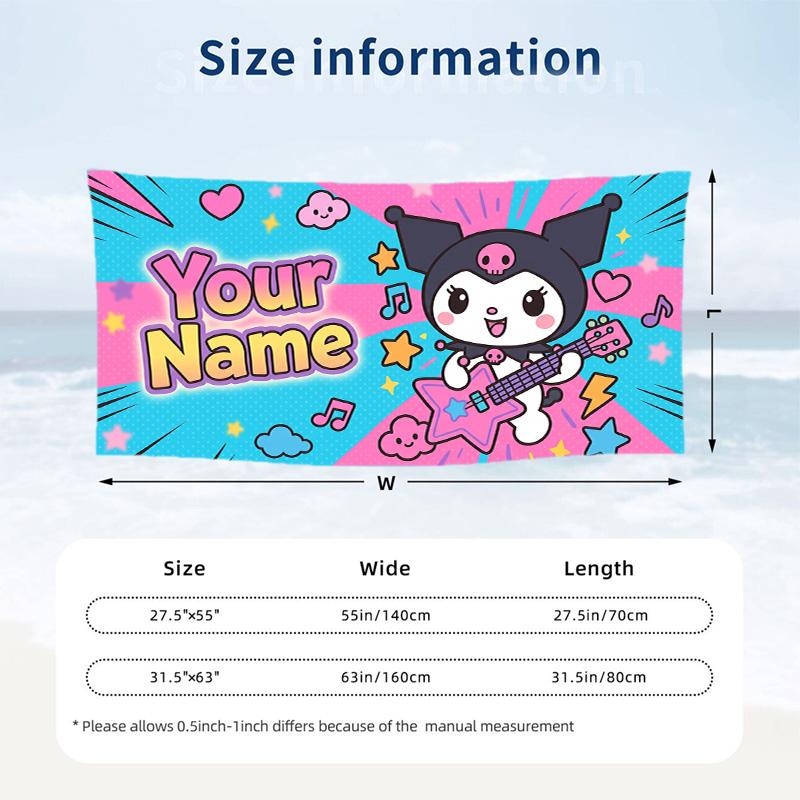 Custom Text Beach Towel, Soft Absorbent Swimming Multi-use TowelKuromi