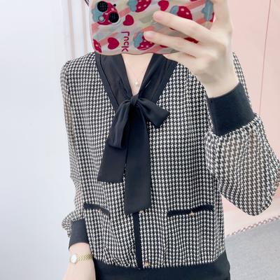 Весна и осень Хань Стиль Бренд Счетчик Женская Мода Темперамент Корейская Версия Шифон Универсальный Пуловер Рубашка С Узором Гусиная Клеточка