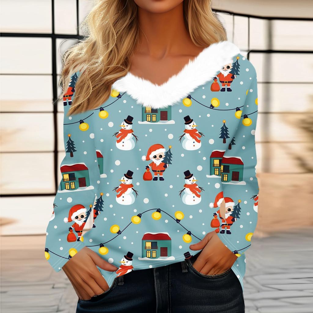 Рубашки с длинным рукавом для женщин Милые топы Рождественские принты Футболки Блузки Повседневные топы больших размеров Базовые топы Пуловеры
