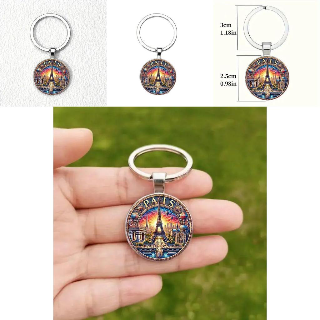 Paris Sunset Scene Keychain With Glass Pendant For Gift And Decoration