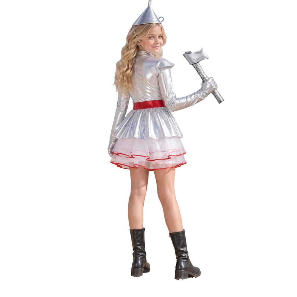 Kids Girls Tin Costume Halloween Tutu Dress Mock Neck Long Sleeve Back Invisible Zipper Metallic Tulle with Hat Axe Gloves for Theme Party