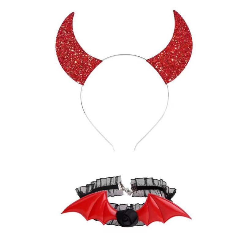 Готический Темный Блестящий Чокер-Коллар для Девочек с Розой и Дьявольским Крылом, Набор Ободков для Волос с Готическим Крылом Летучей Мыши, Универсальный Чокер