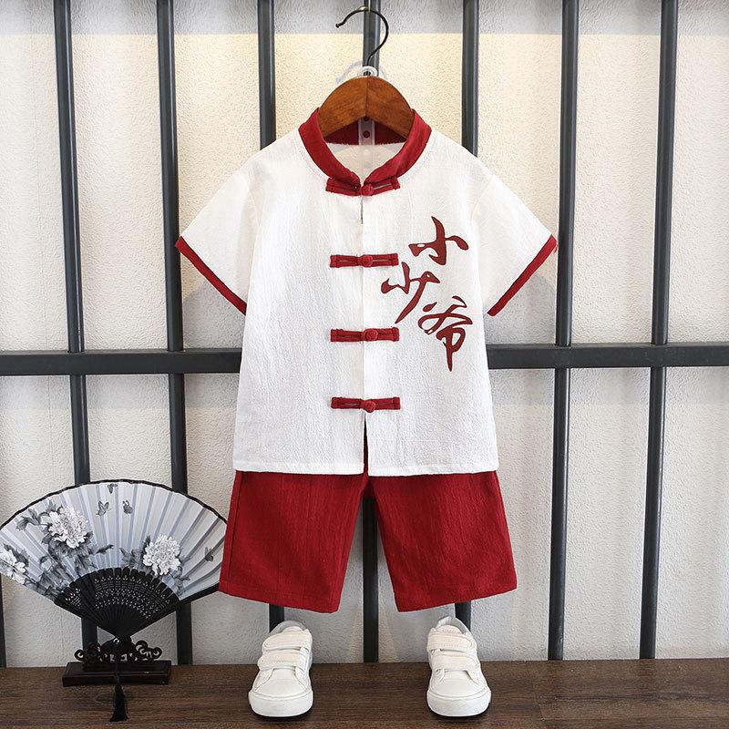 Летний костюм для мальчиков в стиле Тан, костюм в стиле ретро, ханбок для младенцев, летний костюм в китайском стиле для детей, прилив, мальчики, хлопок, лен, этнический костюм