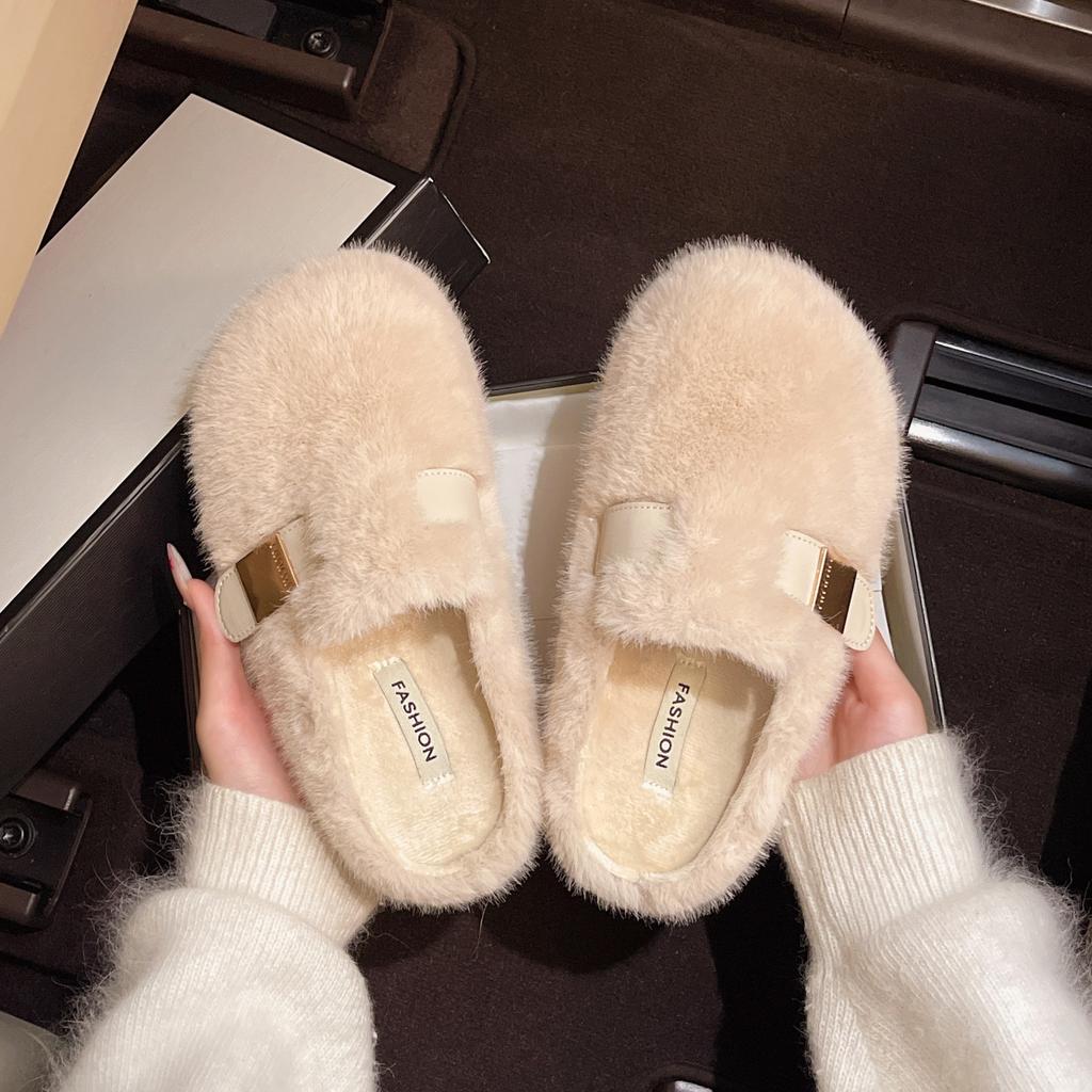 Flat-bottomed Bag Head Fluffy Slippers for Women's Outer Wear 2025 New Autumn and Winter High-end One-pedal Mink Plush Cotton Slippers