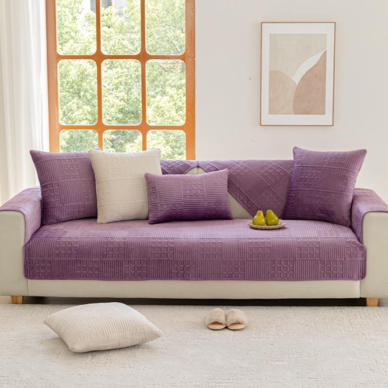 Nordic Simple Solid Color Modern Plush Sofa Cushion Four Seasons Universal Embroidery Non-Slip Seat Cushion Dutch Velvet Sofa Cover Towel