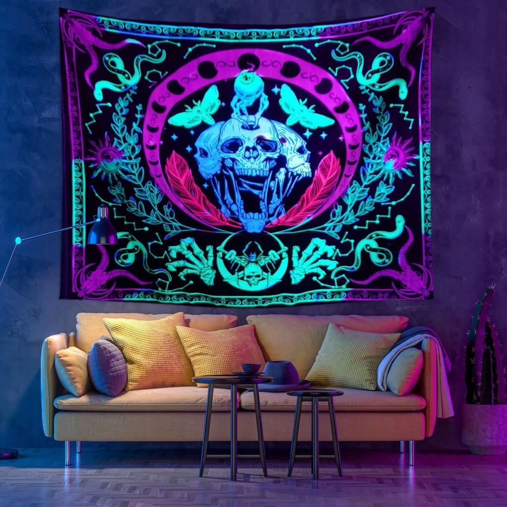 Хэллоуин Гобелен с черепом и флуоресцентным скелетом для декора комнаты в ультрафиолетовом свете