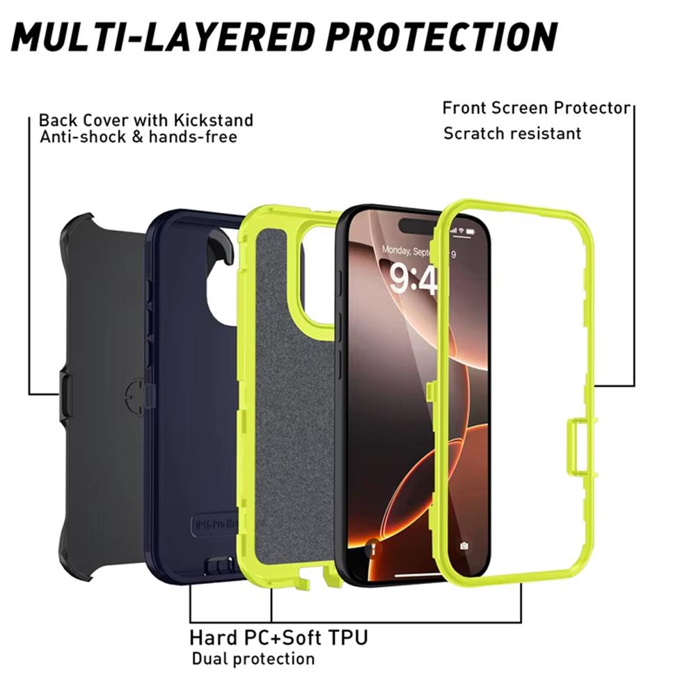 Бронированные противоударные чехлы Defender для iPhone 16 15 14 13 12 11 Pro Max Plus 16e Mini Case Жесткий ПК ТПУ Подставка Защитная крышка